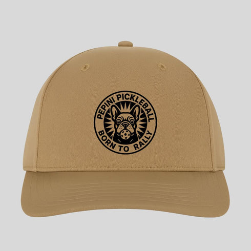 Beige cap with black pickleball logo on a light gray background